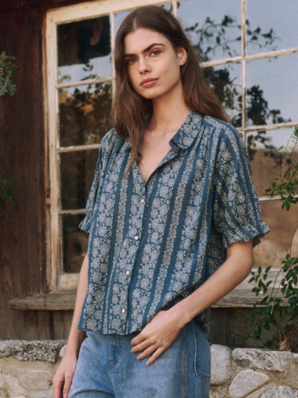 The Great Kerchief Floral Short Sleeve Blouse